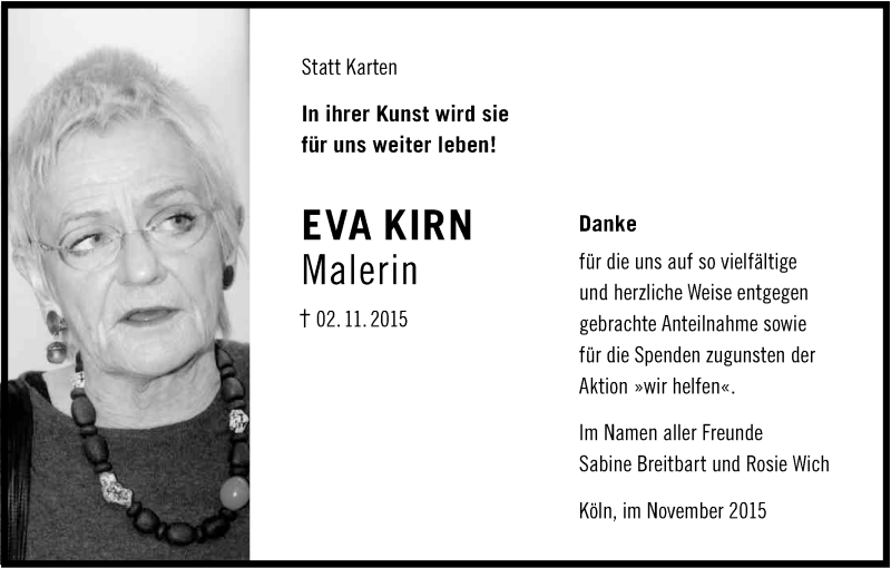  Traueranzeige für Eva  Kirn vom 21.11.2015 aus Kölner Stadt-Anzeiger / Kölnische Rundschau / Express