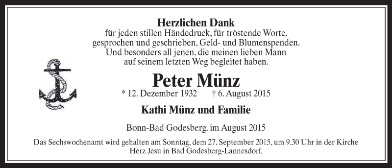  Traueranzeige für Peter Münz vom 26.08.2015 aus  Schaufenster/Blickpunkt 
