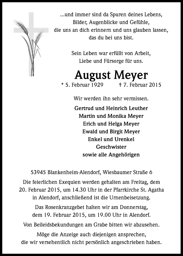  Traueranzeige für August Meyer vom 14.02.2015 aus Kölner Stadt-Anzeiger / Kölnische Rundschau / Express