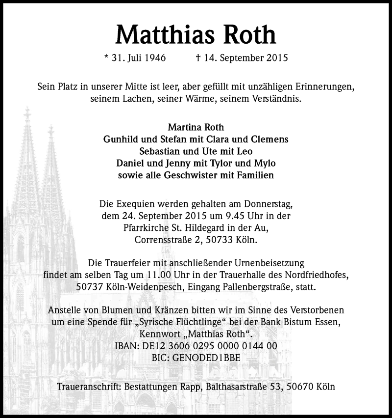  Traueranzeige für Matthias Roth vom 19.09.2015 aus Kölner Stadt-Anzeiger / Kölnische Rundschau / Express