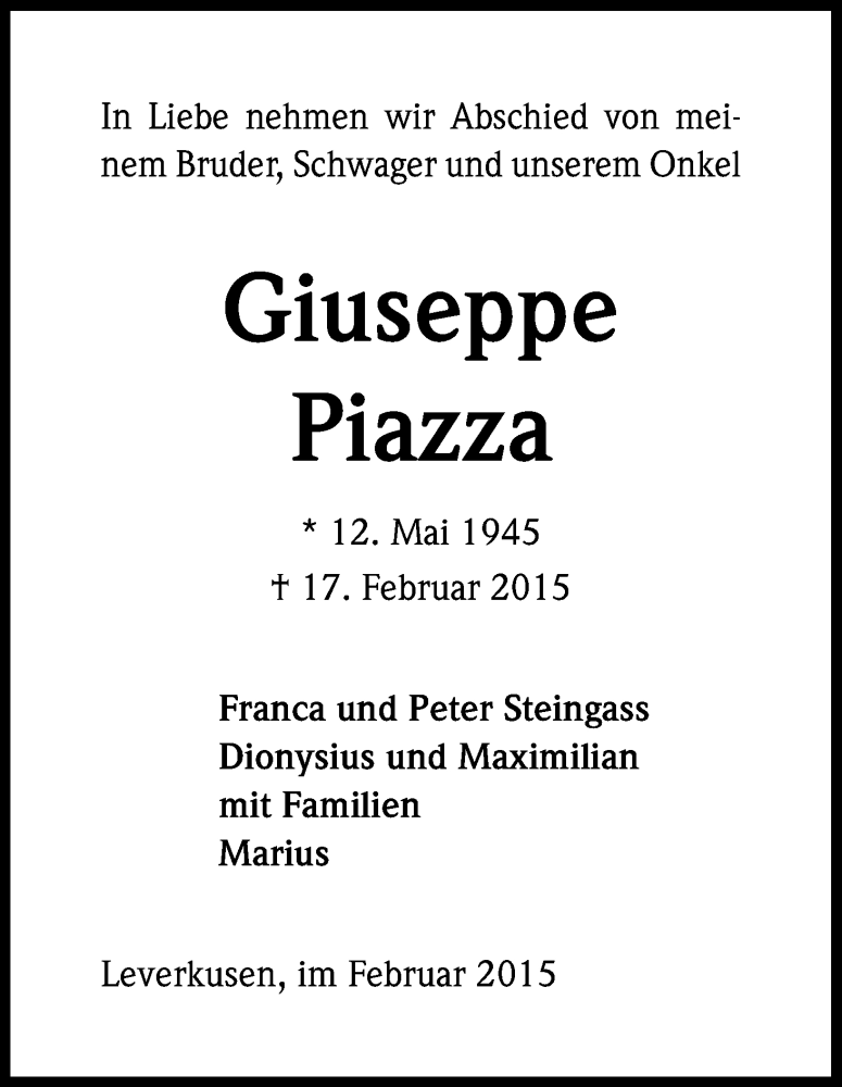  Traueranzeige für Giuseppe Piazza vom 28.02.2015 aus Kölner Stadt-Anzeiger / Kölnische Rundschau / Express