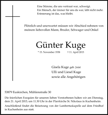 Anzeige von Günter Kuge von Kölner Stadt-Anzeiger / Kölnische Rundschau / Express