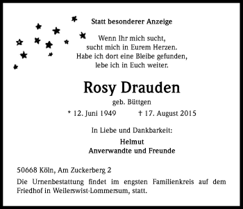 Anzeige von Rosy Drauden von Kölner Stadt-Anzeiger / Kölnische Rundschau / Express