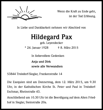 Anzeige von Hildegard Pax von Kölner Stadt-Anzeiger / Kölnische Rundschau / Express