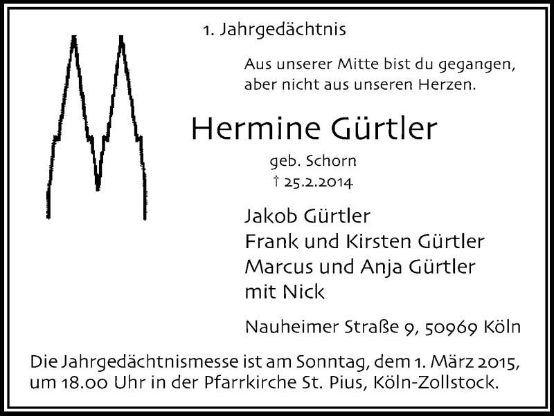  Traueranzeige für Hermine Gürtler vom 21.02.2015 aus Kölner Stadt-Anzeiger / Kölnische Rundschau / Express