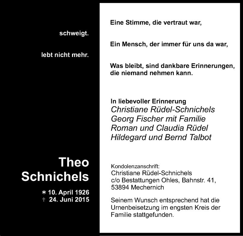  Traueranzeige für Theo Schnichels vom 11.07.2015 aus Kölner Stadt-Anzeiger / Kölnische Rundschau / Express