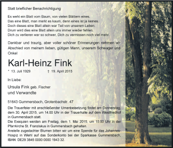 Anzeige von Karl-Heinz Fink von Kölner Stadt-Anzeiger / Kölnische Rundschau / Express