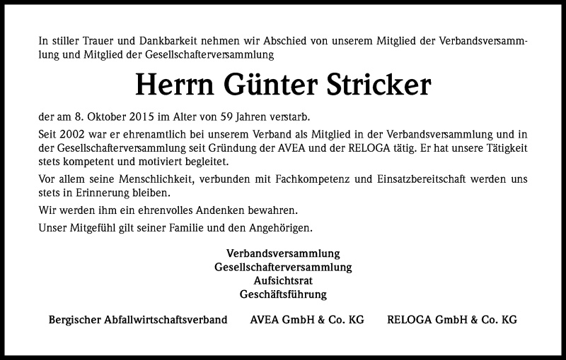  Traueranzeige für Günter Stricker vom 14.10.2015 aus Kölner Stadt-Anzeiger / Kölnische Rundschau / Express