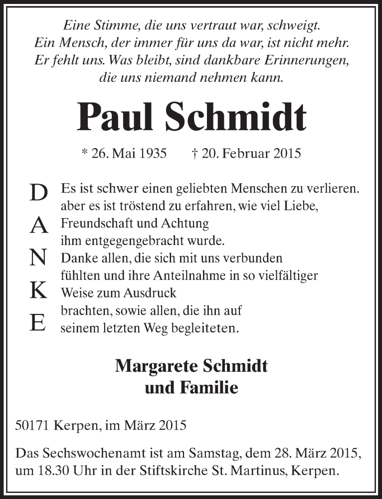  Traueranzeige für Paul Schmidt vom 21.03.2015 aus  Sonntags-Post 