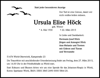 Anzeige von Ursula Elise Höck von Kölner Stadt-Anzeiger / Kölnische Rundschau / Express