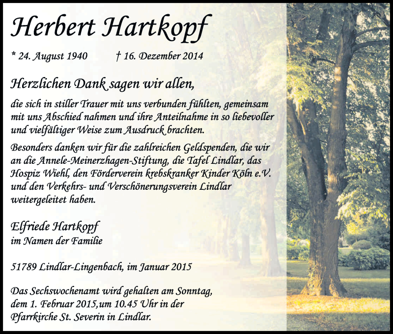  Traueranzeige für Herbert Hartkopf vom 24.01.2015 aus Kölner Stadt-Anzeiger / Kölnische Rundschau / Express