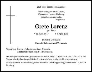 Anzeige von Grete Lorenz von Kölner Stadt-Anzeiger / Kölnische Rundschau / Express