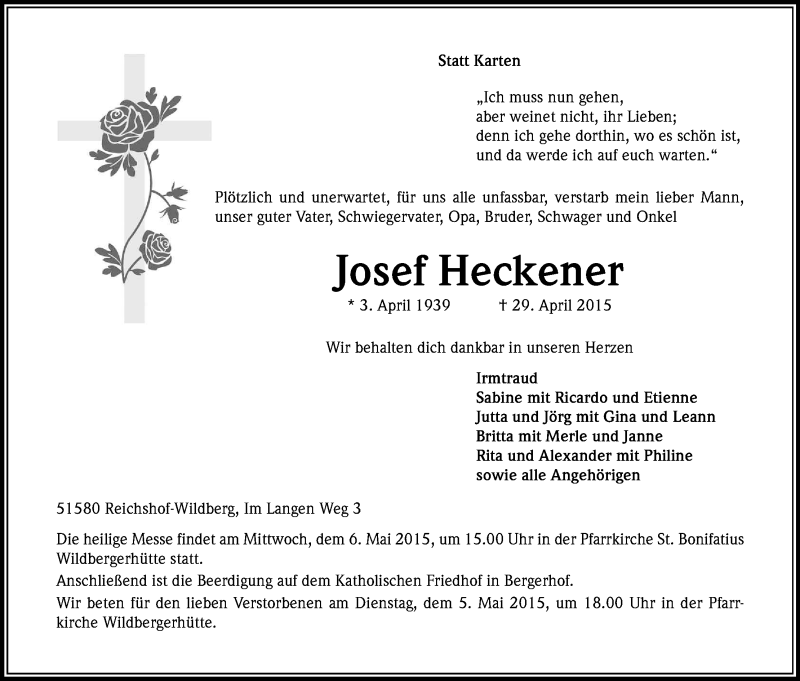  Traueranzeige für Josef Heckener vom 02.05.2015 aus Kölner Stadt-Anzeiger / Kölnische Rundschau / Express