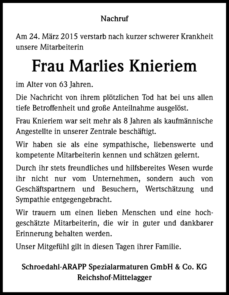  Traueranzeige für Marlies Knieriem vom 02.04.2015 aus Kölner Stadt-Anzeiger / Kölnische Rundschau / Express