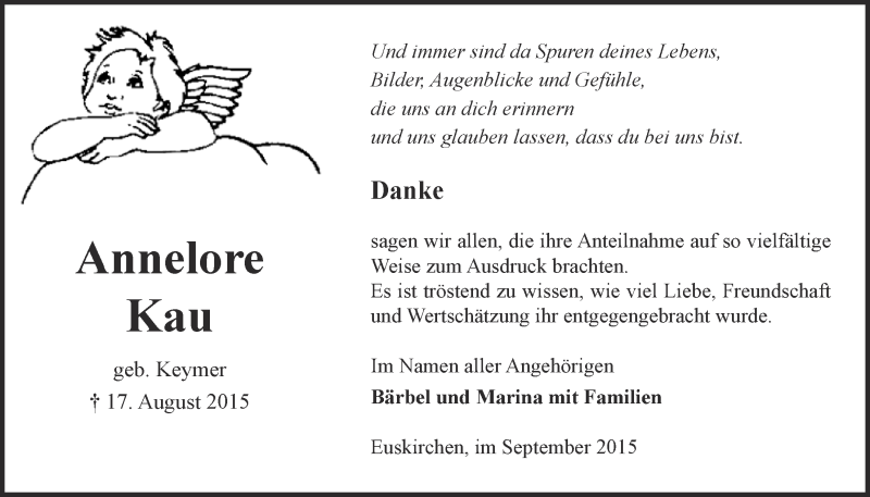  Traueranzeige für Annelore Kau vom 13.09.2015 aus  Blickpunkt Euskirchen 