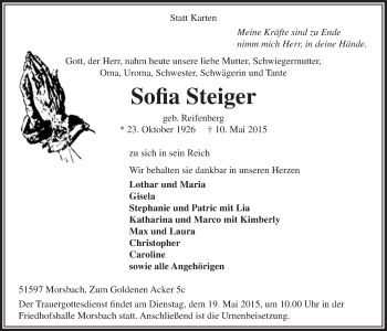 Anzeige von Sofia Steiger von  Lokalanzeiger 