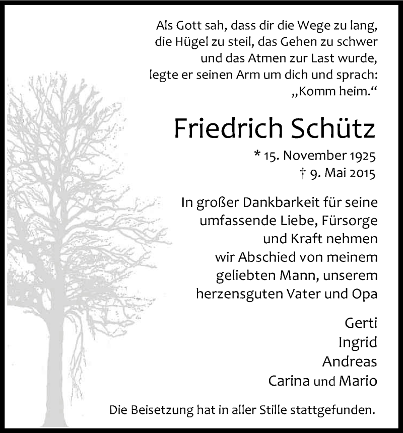  Traueranzeige für Friedrich Schütz vom 23.05.2015 aus Kölner Stadt-Anzeiger / Kölnische Rundschau / Express