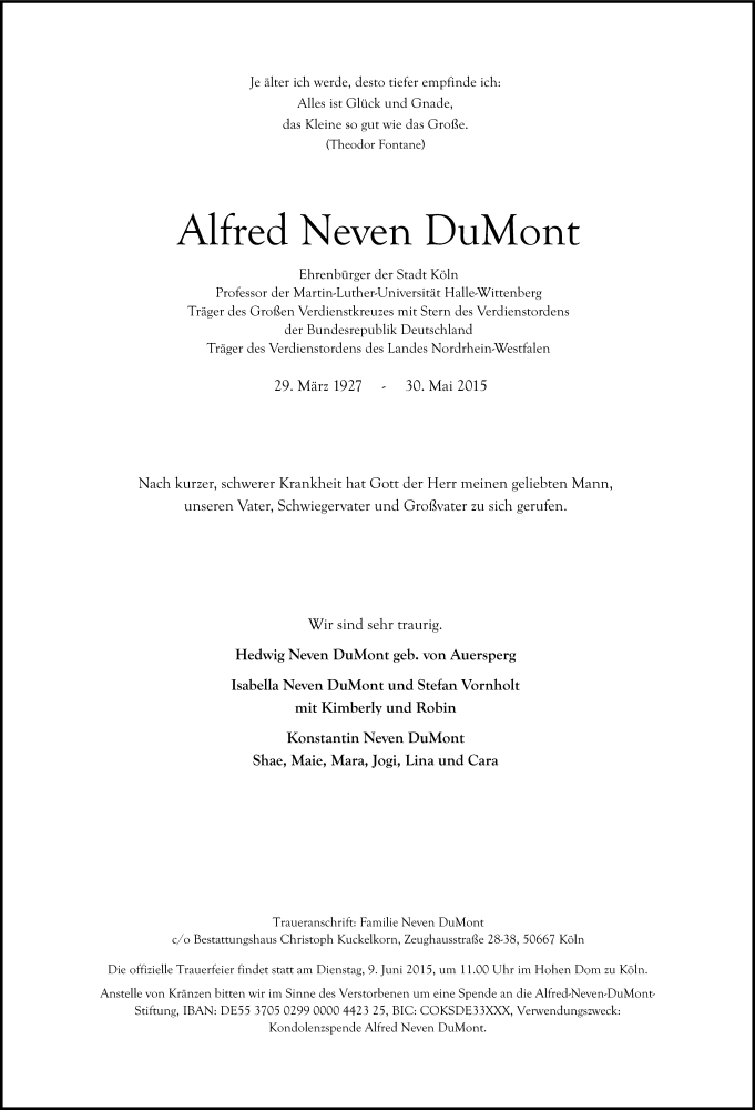  Traueranzeige für Alfred Neven DuMont vom 06.06.2015 aus Kölner Stadt-Anzeiger / Kölnische Rundschau / Express