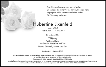 Anzeige von Hubertine Lixenfeld von Kölner Stadt-Anzeiger / Kölnische Rundschau / Express