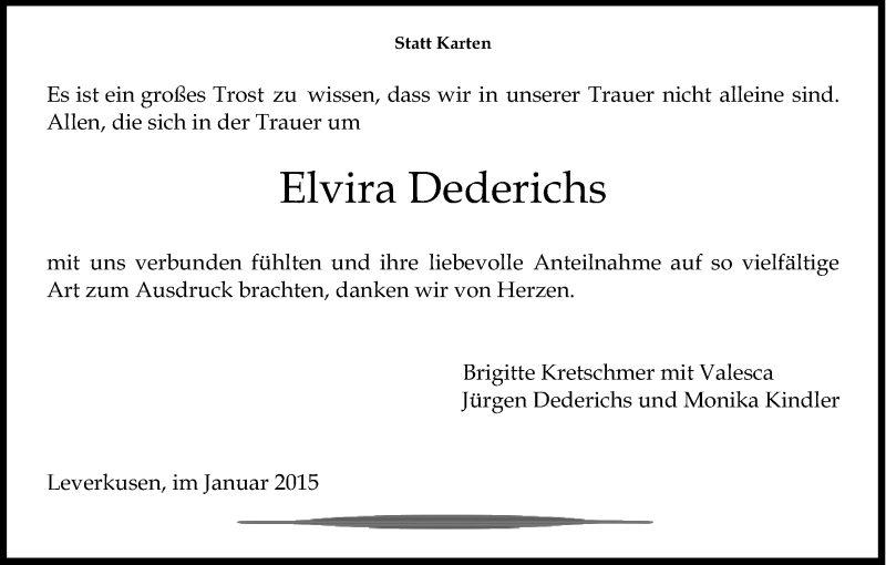  Traueranzeige für Elvira Dederichs vom 24.01.2015 aus Kölner Stadt-Anzeiger / Kölnische Rundschau / Express