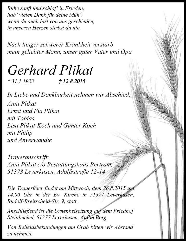  Traueranzeige für Gerhard Plikat vom 22.08.2015 aus Kölner Stadt-Anzeiger / Kölnische Rundschau / Express