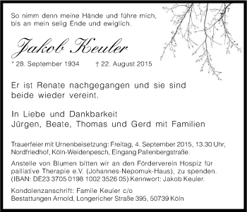 Anzeige von Jakob Keuler von Kölner Stadt-Anzeiger / Kölnische Rundschau / Express