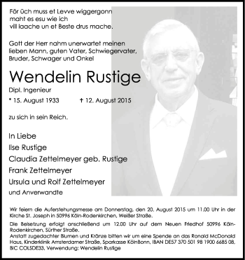 Anzeige von Wendelin Rustige von Kölner Stadt-Anzeiger / Kölnische Rundschau / Express