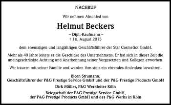 Anzeige von Helmut Beckers von Kölner Stadt-Anzeiger / Kölnische Rundschau / Express