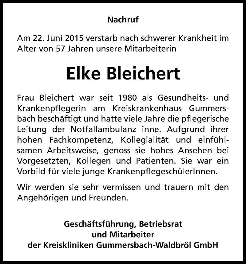  Traueranzeige für Elke Bleichert vom 27.06.2015 aus Kölner Stadt-Anzeiger / Kölnische Rundschau / Express