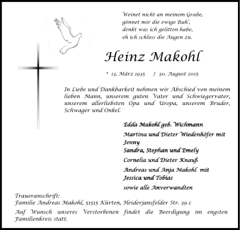 Anzeige von Heinz Makohl von Kölner Stadt-Anzeiger / Kölnische Rundschau / Express