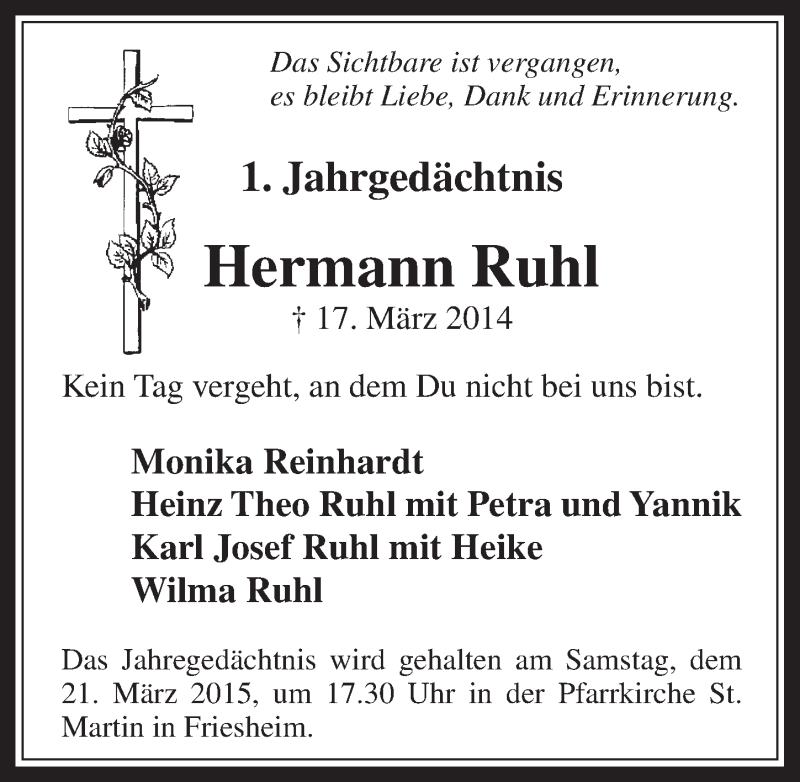 Traueranzeige für Hermann Ruhl vom 18.03.2015 aus  Werbepost 