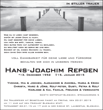 Anzeige von Hans-Joachim Repgen von  Werbepost 