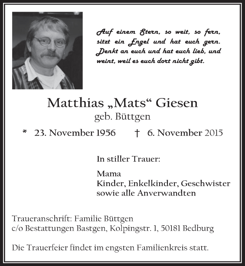  Traueranzeige für Matthias  Giesen vom 18.11.2015 aus  Werbepost 