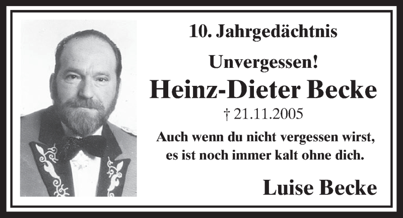  Traueranzeige für Heinz-Dieter Becke vom 18.11.2015 aus  Schlossbote/Werbekurier 