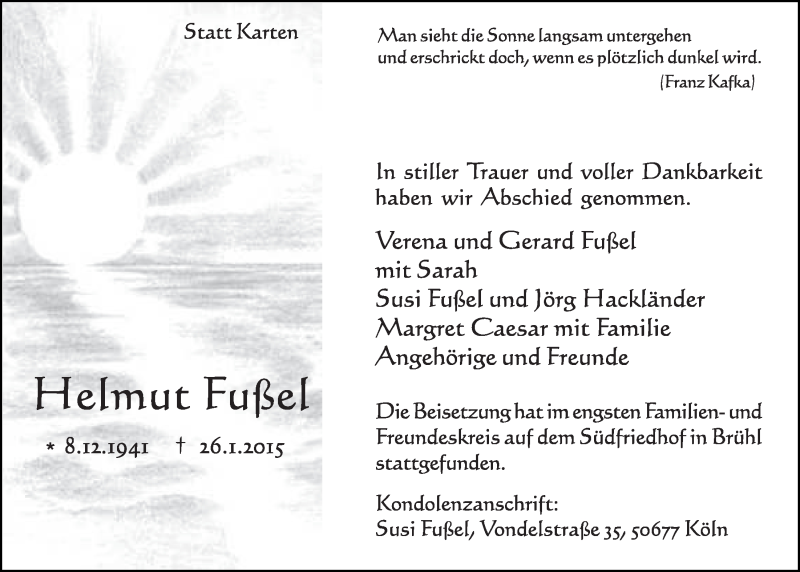  Traueranzeige für Helmut Fußel vom 04.02.2015 aus  Schlossbote/Werbekurier 
