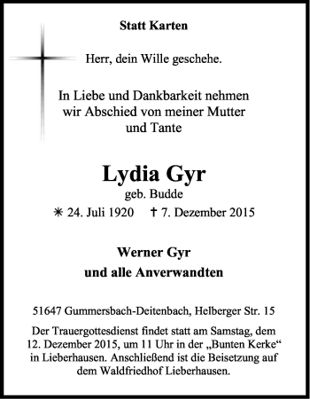 Anzeige von Lydia Gyr von Kölner Stadt-Anzeiger / Kölnische Rundschau / Express
