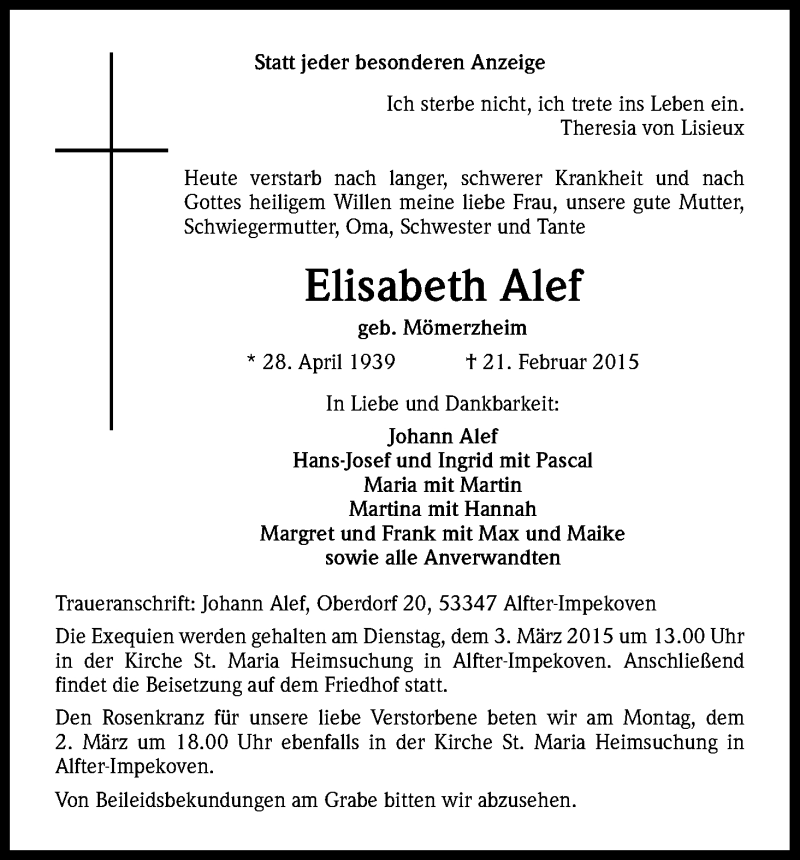 Traueranzeige für Elisabeth Alef vom 28.02.2015 aus Kölner Stadt-Anzeiger / Kölnische Rundschau / Express