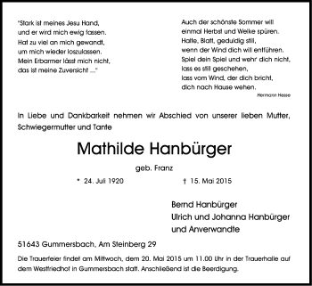 Anzeige von Mathilde Hanbürger von Kölner Stadt-Anzeiger / Kölnische Rundschau / Express