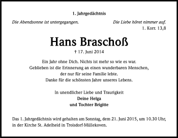 Anzeige von Hans Braschoß von Kölner Stadt-Anzeiger / Kölnische Rundschau / Express