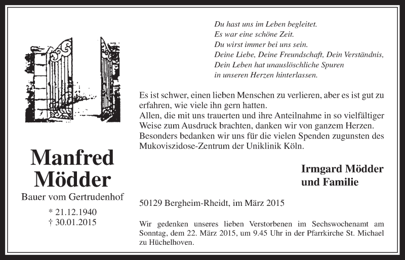  Traueranzeige für Manfred Mödder vom 18.03.2015 aus  Werbepost 