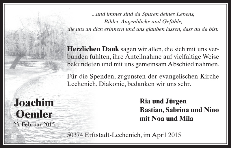  Traueranzeige für Joachim Oemler vom 15.04.2015 aus  Werbepost 