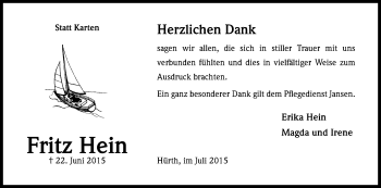Anzeige von Fritz Hein von Kölner Stadt-Anzeiger / Kölnische Rundschau / Express