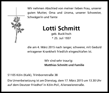 Anzeige von Lotti Schmitt von Kölner Stadt-Anzeiger / Kölnische Rundschau / Express