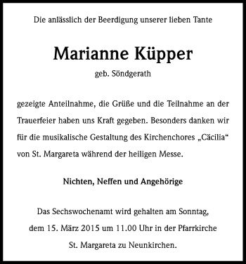 Anzeige von Marianne Küpper von Kölner Stadt-Anzeiger / Kölnische Rundschau / Express
