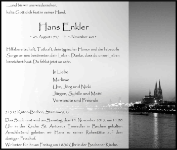 Anzeige von Hans Enkler von Kölner Stadt-Anzeiger / Kölnische Rundschau / Express