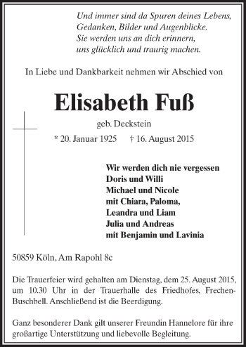 Anzeige von Elisabeth Fuß von  Sonntags-Post 