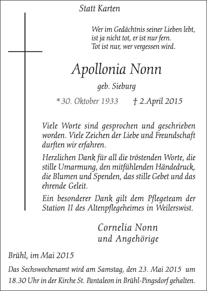  Traueranzeige für Apollonia Nonn vom 20.05.2015 aus  Schlossbote/Werbekurier 
