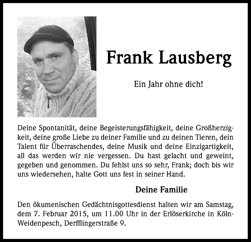  Traueranzeige für Frank Lausberg vom 31.01.2015 aus Kölner Stadt-Anzeiger / Kölnische Rundschau / Express
