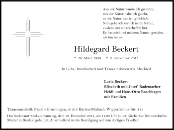 Anzeige von Hildegard Beckert von Kölner Stadt-Anzeiger / Kölnische Rundschau / Express