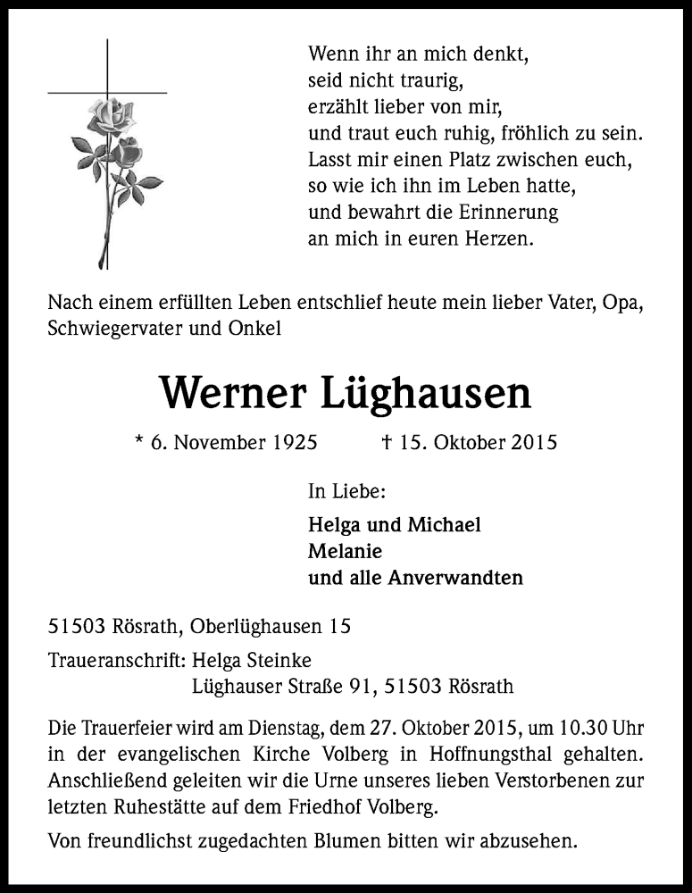  Traueranzeige für Werner Lüghausen vom 23.10.2015 aus Kölner Stadt-Anzeiger / Kölnische Rundschau / Express
